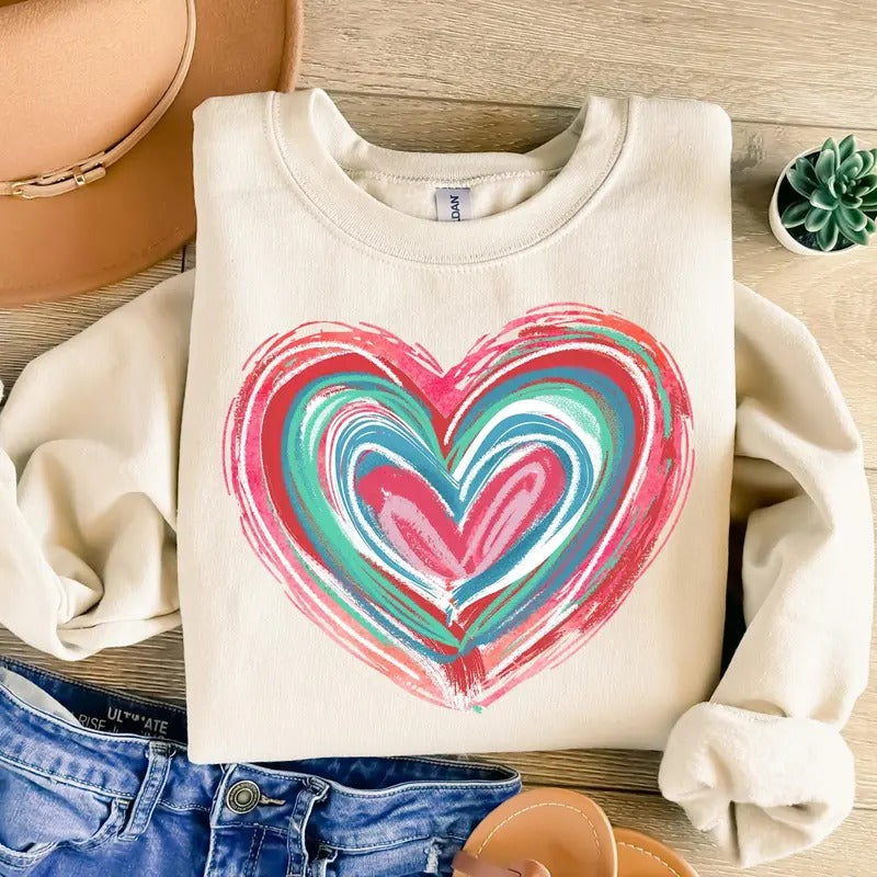 Valentines Day Heart Sweatshirt, Brushstroke Valentines Sweatshirt, Retro Valentine Shirt, Gift for Her Hoodie