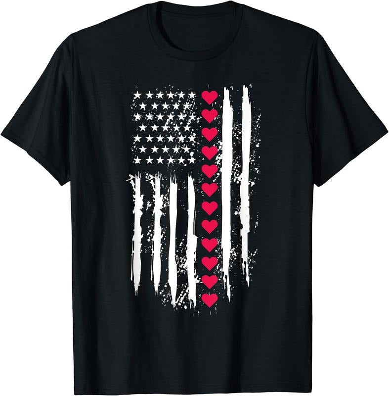 Valentines Day Red Hearts US American Flag Patriotic Lover T-Shirt | Unisex Cotton Tee Gift | Full Size Hoodie, Sweatshirt