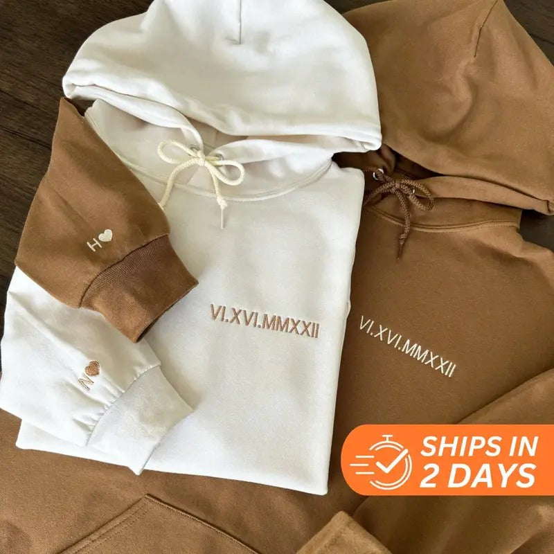 Valentines Gift Custom Embroidered Roman Numeral Hoodie, Couple Shirt Initial On Sleeve, Anniversary Year, Personalized...