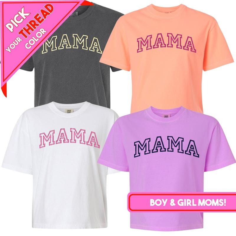 Varsity 'Mama' Embroidered Boxy T-Shirt Hoodie, Sweatshirt | HypeDripTees.com