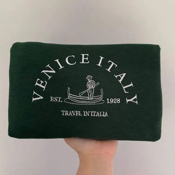 Venice Italy Embroidered sweatshirt; Travel in Italia crewneck;  Casual Christmas gift Lightweight Clothing T-Shirts, Hoodie