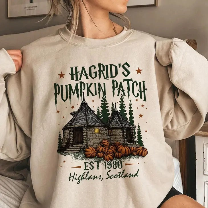 Ver 3 Hagrid's Pumpkin Farm Sweatshirt, Fall Pumpkin Shirt, Potterhead Fan Gift pumpkin crewneck Hoodie | HypeDripTees.com