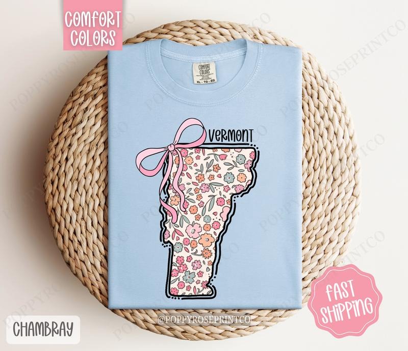 Vermont Floral Bow Comfort Colors T-shirt, Cute Trendy Tee, State Coquette Oversized Top Hoodie, Sweatshirt