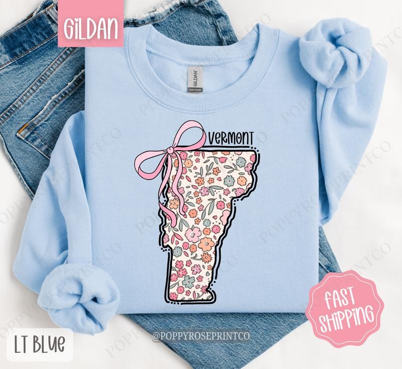 Vermont Floral Bow Gildan Sweatshirt, Cute Trendy State Coquette Pullover T-Shirts, Hoodie | HypeDripTees.com