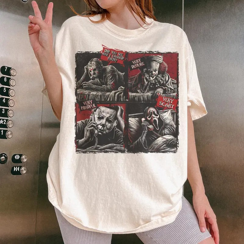 Very Demure Very Mindful Very Scary Shirt, Halloween Horror T-shirt, Vintage Michael Myers Tee & Halloween Characters,...