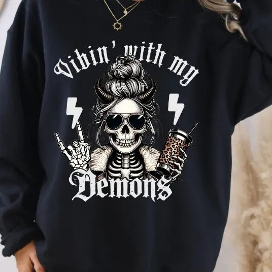 Vibin' with my Demons Coffee Skeleton Sweatshirt T-Shirts, Hoodie | HypeDripTees.com
