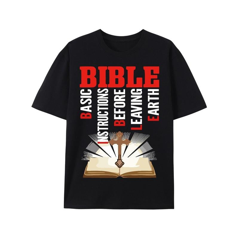 Vibrant Bible and Cross Print T-Shirt for Men - Soft, Breathable, Casual Short Sleeve Crew Neck Tee for Summer, Spring,...