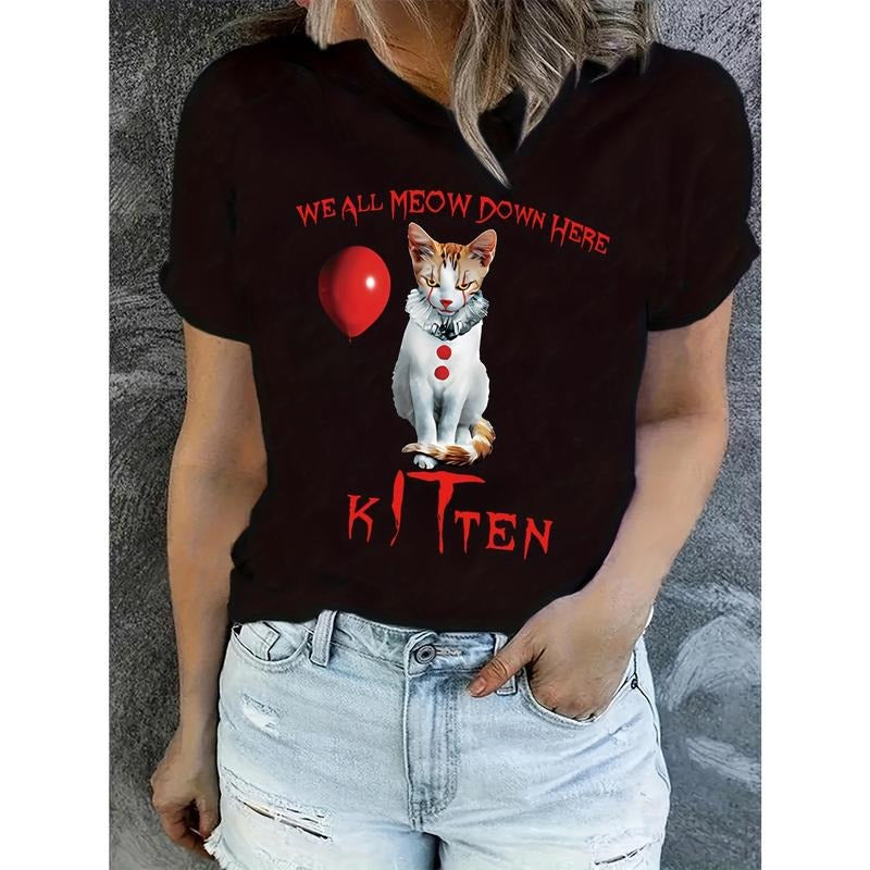 Vibrant Cat Print Crew Neck T-Shirt - Soft Mid-Elasticity Polyester Fabric, Machine Washable, Regular Length, Casual...