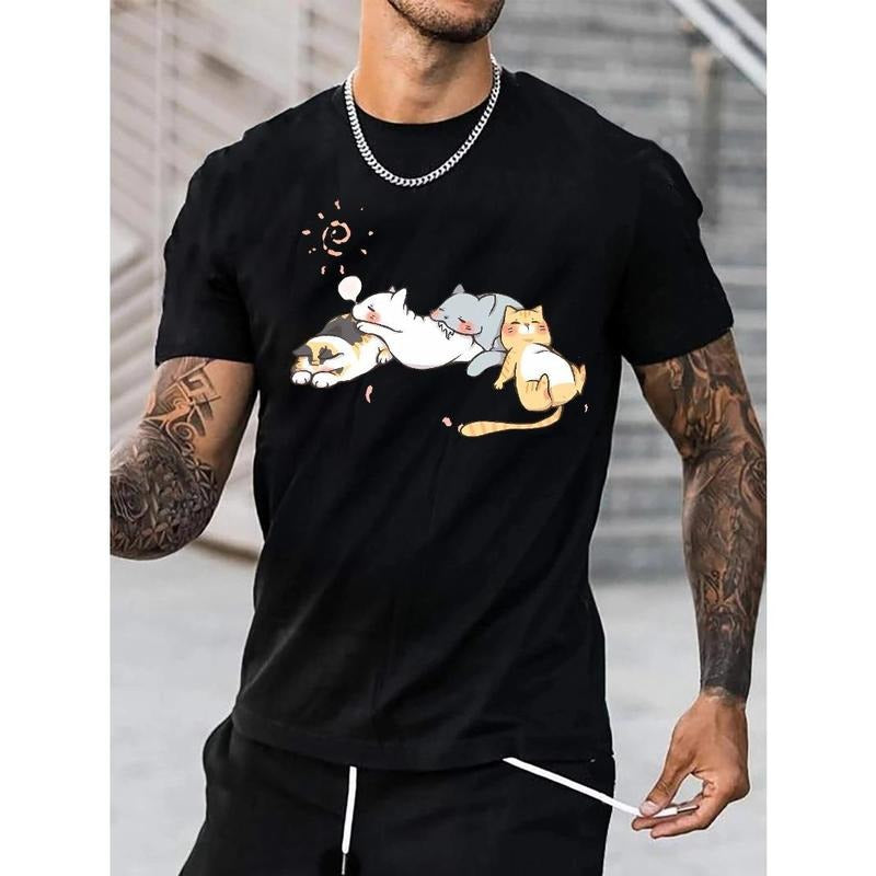 Vibrant Cute Cats Napping Graphic Print Tee Shirt - Men's Casual Short Sleeve Summer T-Shirt for Spring Fall