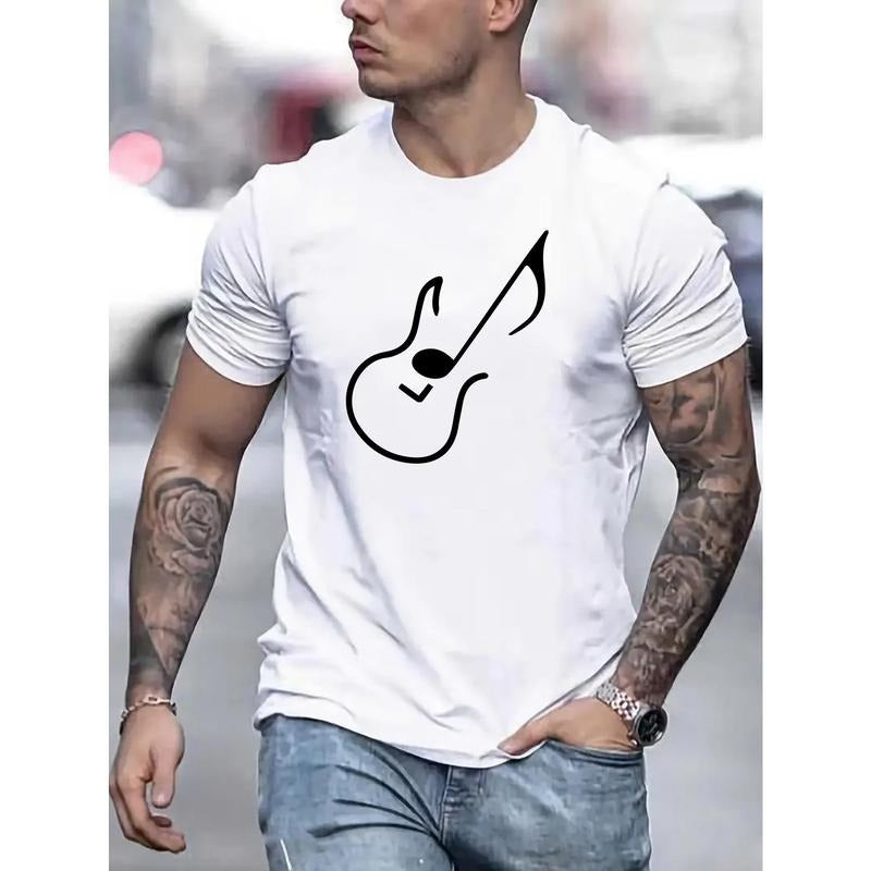 Vibrant Guitar Graphic Print Crew Neck T-Shirt - Men's Comfy Breathable Short Sleeve Casual Tops