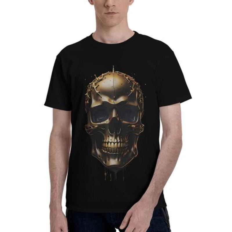 Vibrant Men's 3D Golden Skull Pattern Short Sleeve Round Neck T-Shirt - Fashionable Summer Top with Comfortable Fit,...