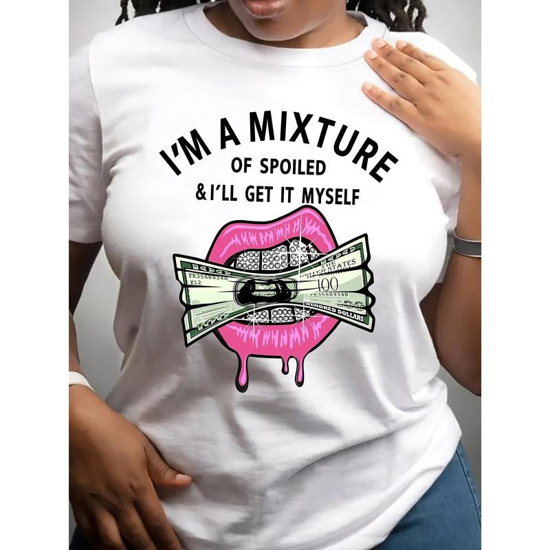Vibrant Money & Lips Print Crew Neck T-Shirt - Soft Micro Elasticity Polyester Fabric, Semi-Sheer Casual Short Sleeve Top...