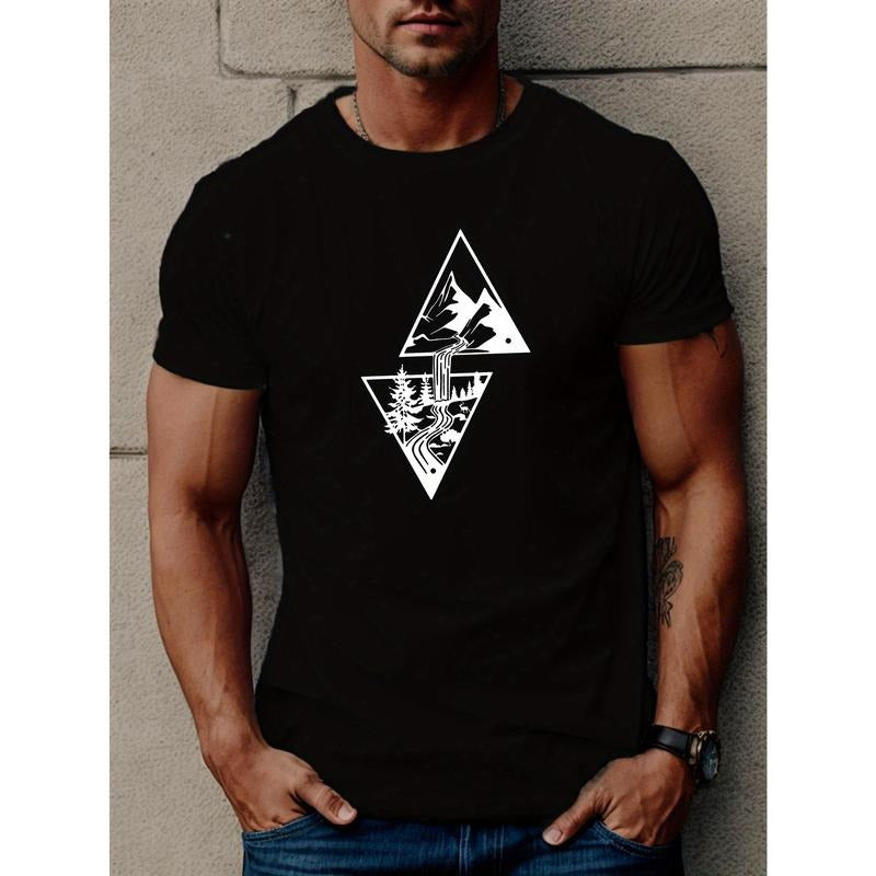 Vibrant Mountains and Creek Graphic Print Tee Shirt - Men's Casual Short Sleeve T-Shirt for Summer