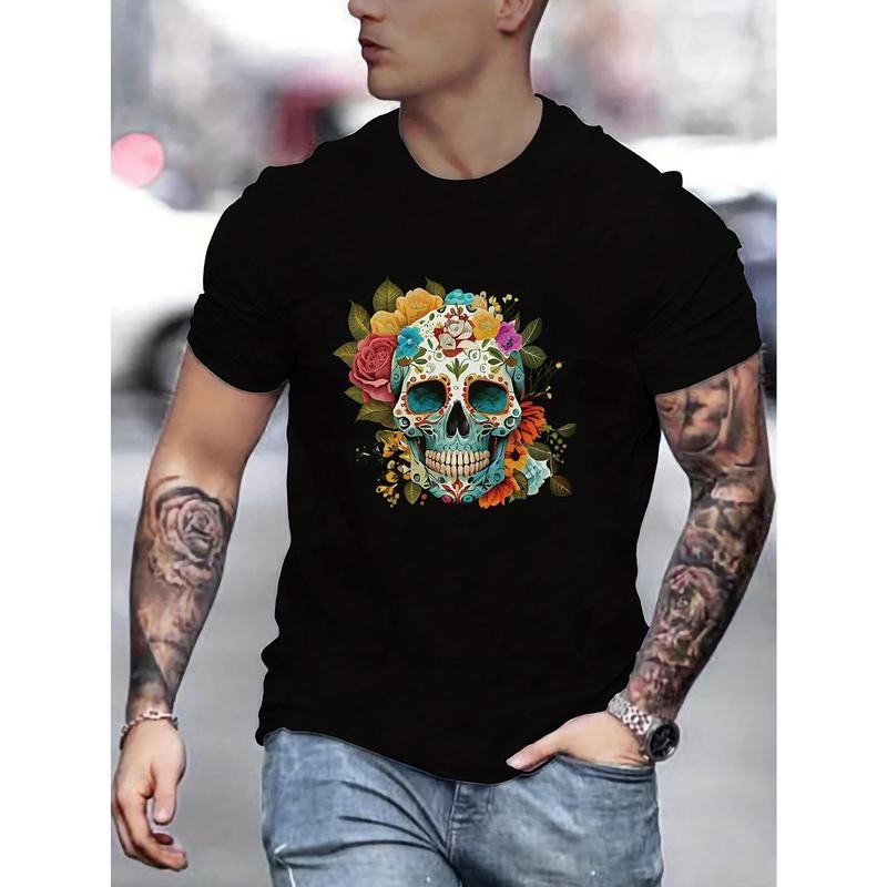 Vibrant Skull and Flowers Graphic Print Tee - Men's Casual Crew Neck Short Sleeve T-Shirt