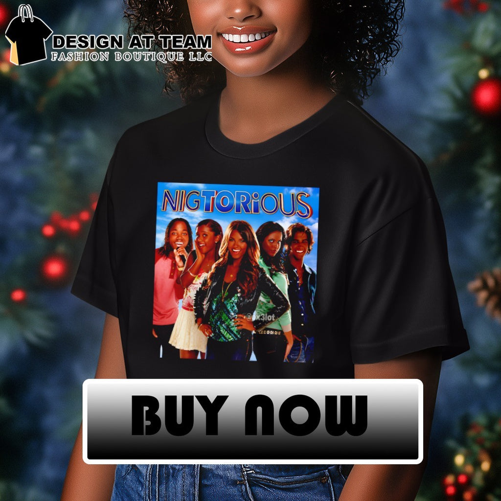 Victorious cast ensemble with manipulated skin tones starring in the Nigtorious shirt