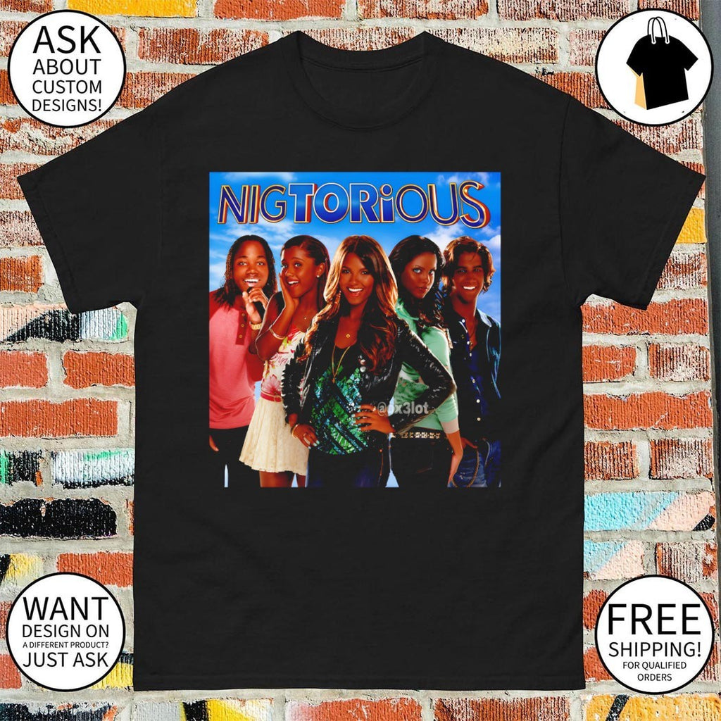Victorious cast ensemble with manipulated skin tones starring in the Nigtorious shirt