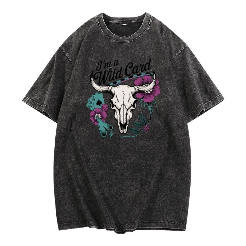 Vintage - Washed T - Shirt with "I'm a Wild Card" Slogan and Edgy Skull Design Hoodie, Sweatshirt | HypeDripTees.com