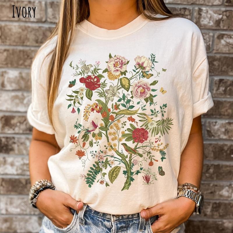 Vintage  CottageCore Flower Shirt, Bird TShirt, Gift For Her, Gift For Mom, Nature Shirt, Gardening Shirt, Floral Tee...