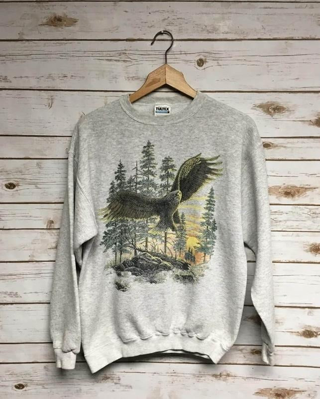 Vintage 80's 90's Eagle crewneck sweatshirt sunset nature scene animal print bird crew neck sweatshirt heather gray...