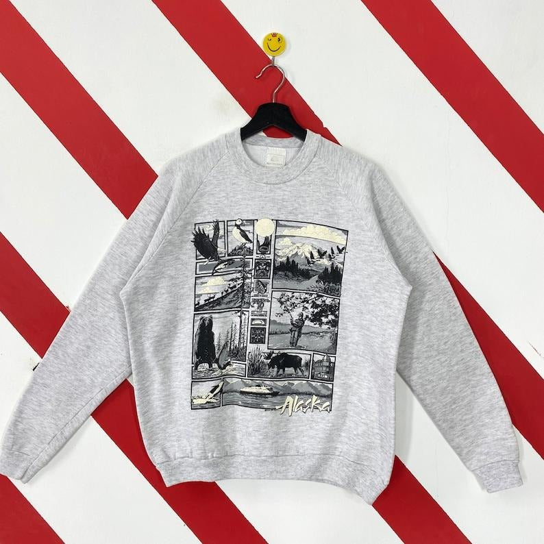 Vintage 90s Alaska Sweatshirt Alaska Crewneck Ketchikan Sweater Pullover Juneau Glacier Bay Sitka Skagway Fairbanks Print...