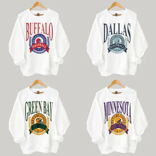 Vintage 90s All Team Football Graphic Sweatshirt in White Color, Retro Hometown Football Crewneck Sweater, Football Game...