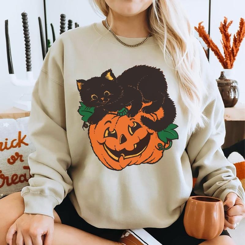 Vintage 90s Black Cat Halloween Sweater, Retro Halloween Sweatshirt, Spooky Season Crewneck, Pumpkin Cat Sweatshirt,...