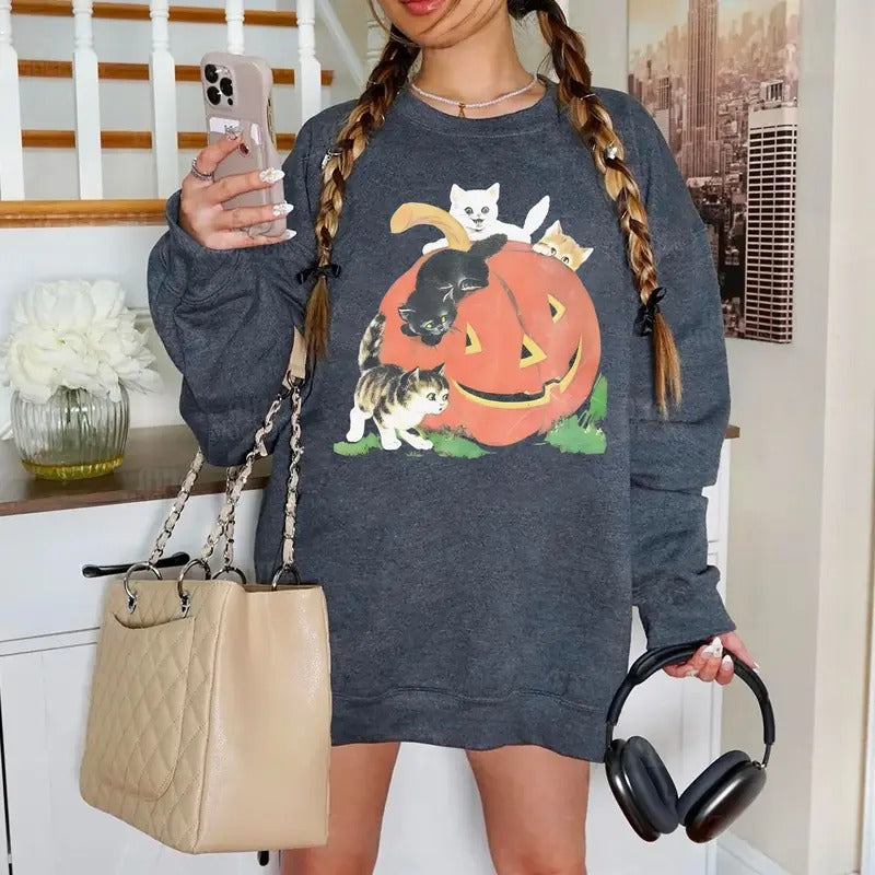 Vintage 90s Cat Halloween Sweatshirt, Retro Halloween Shirt, Cat Pumpkin Sweater, Retro Cat Halloween Shirt, Cat Lover...