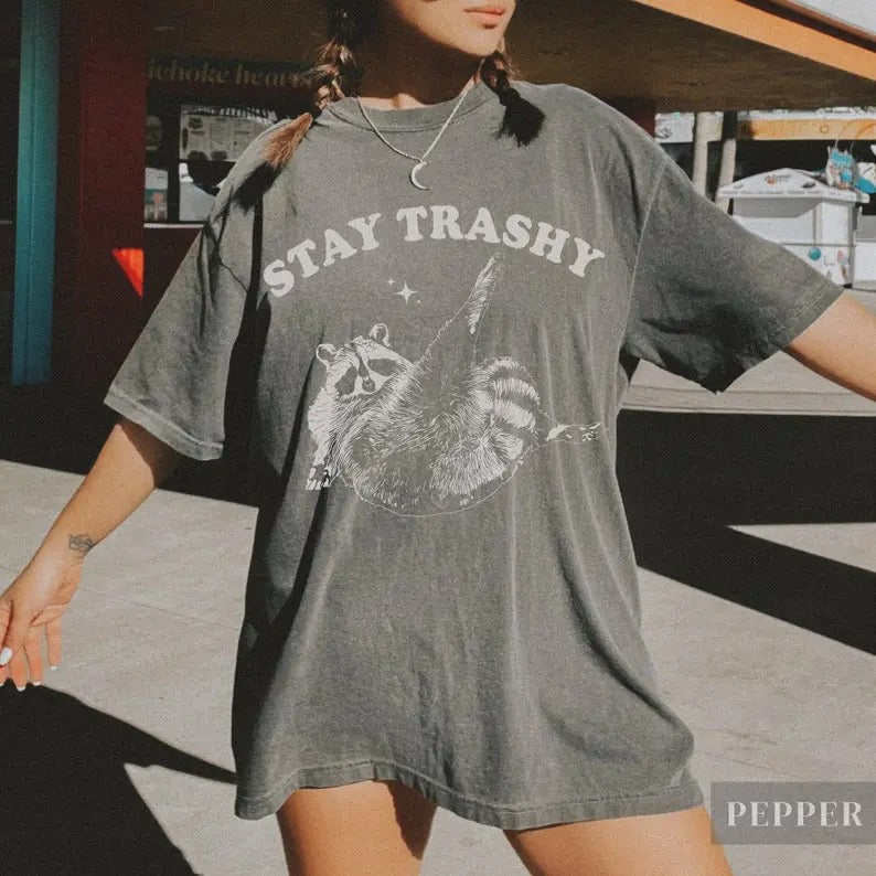Vintage 90s Funny Racoon Shirt  Cute Stay Trashy T Shirt  Fun Meme T-Shirts  Cottagecore   Raccoon Tee Casual Crewneck...