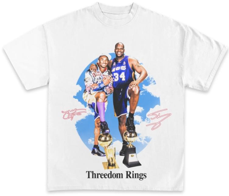 Vintage 90s Kobe and Shaq Threedom Rings Graphic T-Shirt, Funny Short Sleeve Tee, Gifts Fan,  Menswear Top Underwear...