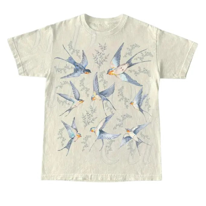 Vintage 90s Tattoo Birds Tshirt, Retro Bird Lovers Cute Shirt, Bird Nature Camping Shirt, Birds Flying Unisex Y2k Relaxed...