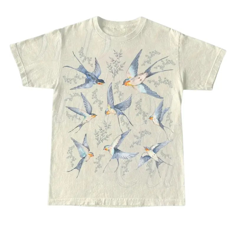 Vintage 90s Tattoo Birds Tshirt, Retro Bird Lovers Cute Shirt, Bird Nature Camping Shirt, Birds Flying Unisex Y2k Relaxed...