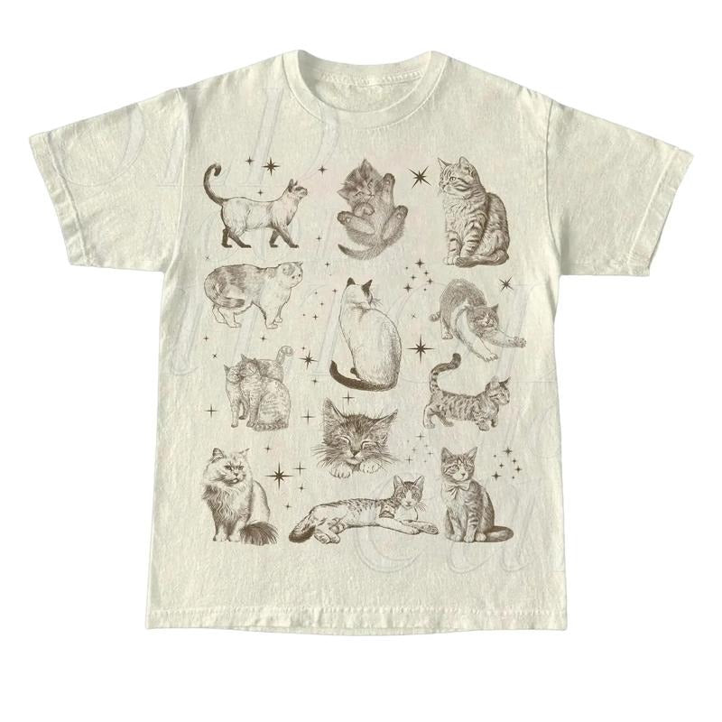Vintage 90s Tattoo Cat Tshirt, Retro Kitten Nature Shirt, Cat Lovers Gift, Cats In Space Unisex Relaxed Adult Graphic...