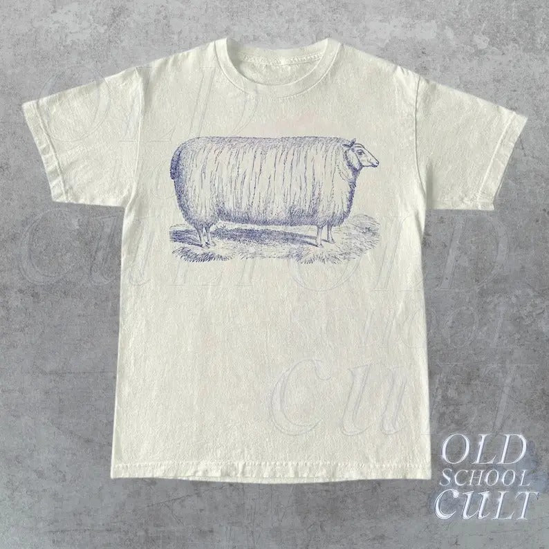 Vintage 90s Tattoo Fat Sheep Tshirt, Retro Nature Shirt, Funny Retro Shirt, Handdrawing Shirts, Meme Shirt, Unisex...