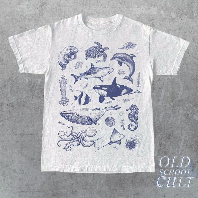 Vintage 90s Tattoo Sea Animal Tshirt Retro Ocean Nature Shirt Sealife Ocean Whale Orca Turtle Dolphin Shirt Unisex...