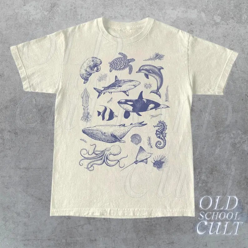 Vintage 90s Tattoo Sea Animal Tshirt, Retro Ocean Nature Shirt, Sealife, Ocean, Whale, Orca, Turtle, Dolphin Shirt,...