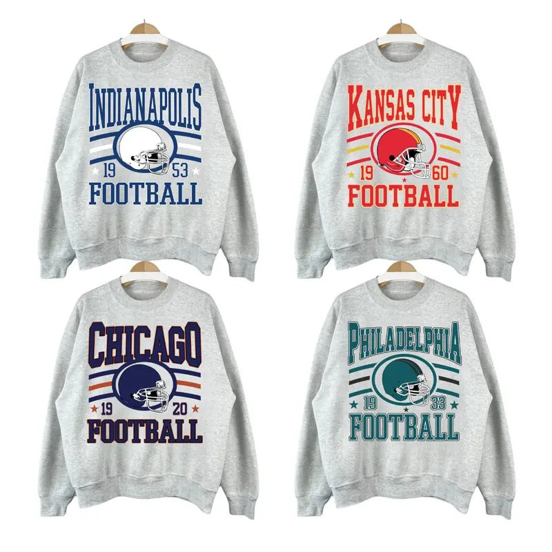Vintage All Team Football Sweatshirt with Big Words Logo and Graphic Tees for Football Fans Sport Grey Color Shirt Unisex...