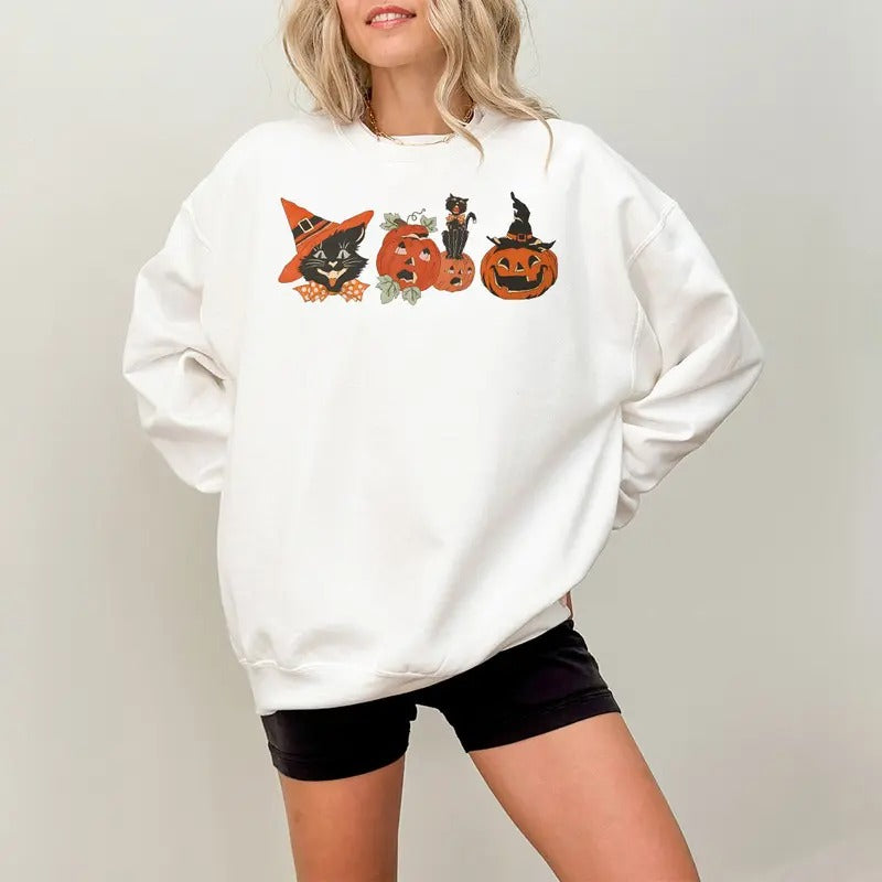 Vintage Black Cat Pumpkin Sweatshirt, Halloween Black Cat Tee Shirt, Pumpkin Jack O Lantern T-Shirt, Spooky Season Shirt,...