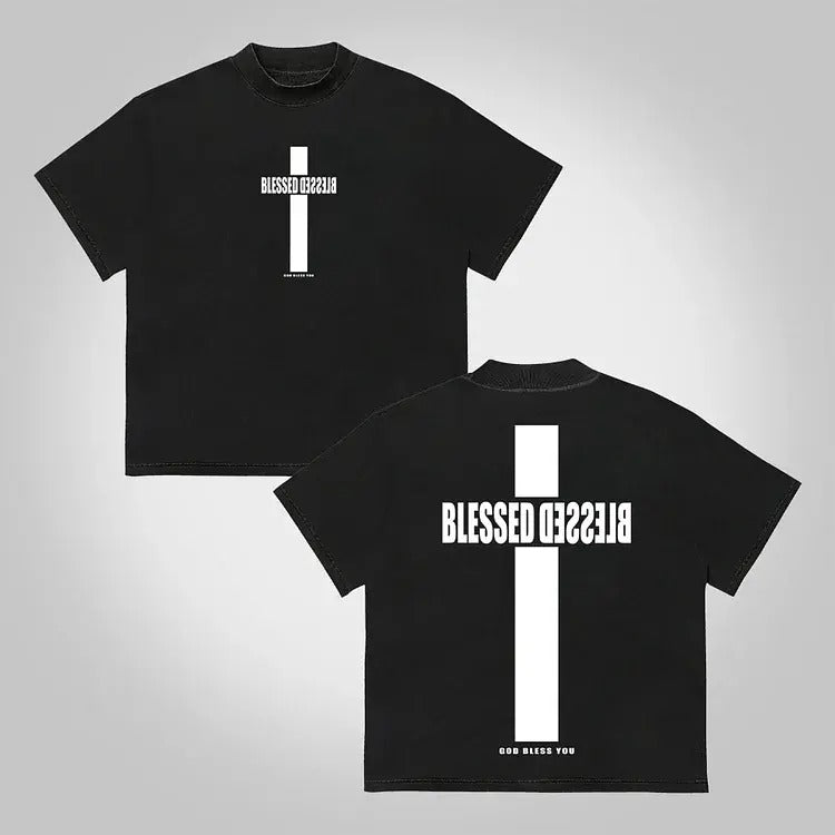 Vintage Blessed Cross God Bless You Graphic Print Cotton T-Shirt graphic  tee mens  clothing Crewneck Menswear Hoodie,...