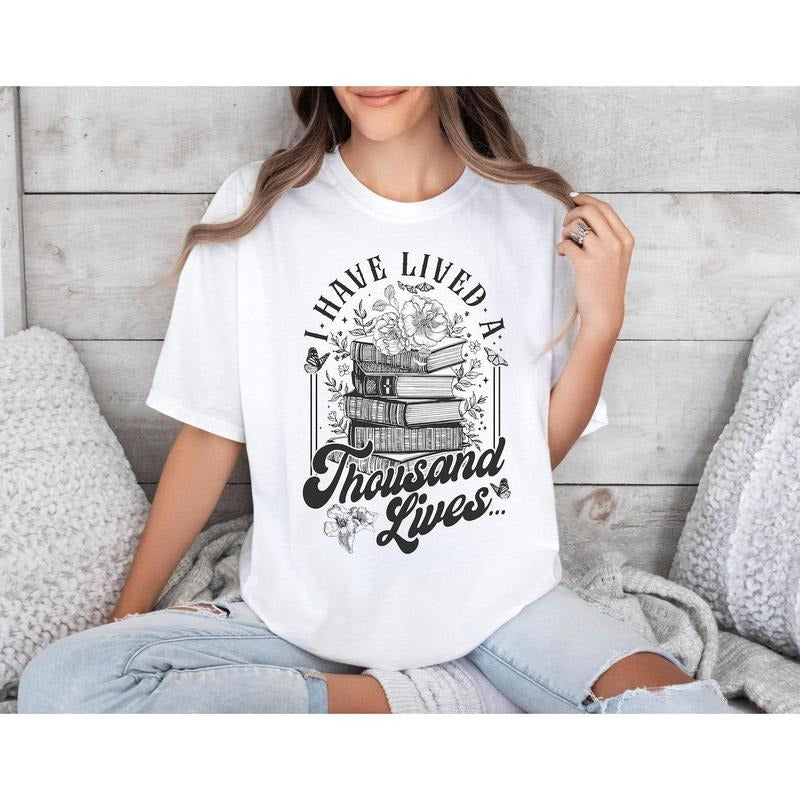 Vintage Bookish T-Shirt, I Have Lived a Thousand Lives Shirt, Book Lover Oversized Tee for Readers, Book Lover Gift,...