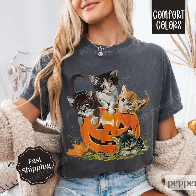 Vintage Cat Halloween Shirt Comfort Colors, Women's Halloween Tee, October Vibes Shirt, Spooky Season Tee Hoodie, Sweatshirt