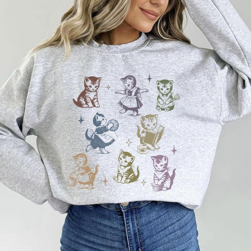 Vintage Cats Funny Unisex T-shirt Sweatshirt Hoodie Retro Cat Pattern Crazy Black Cat Owner Cotton Fit | HypeDripTees.com