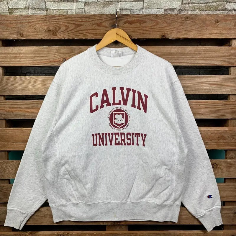 Vintage Champion Ncaa Calvin Sweatshirt Calvin Pullover Sweater Calvin Crewneck Jumper Calvin Print Graphic Logo Grey...