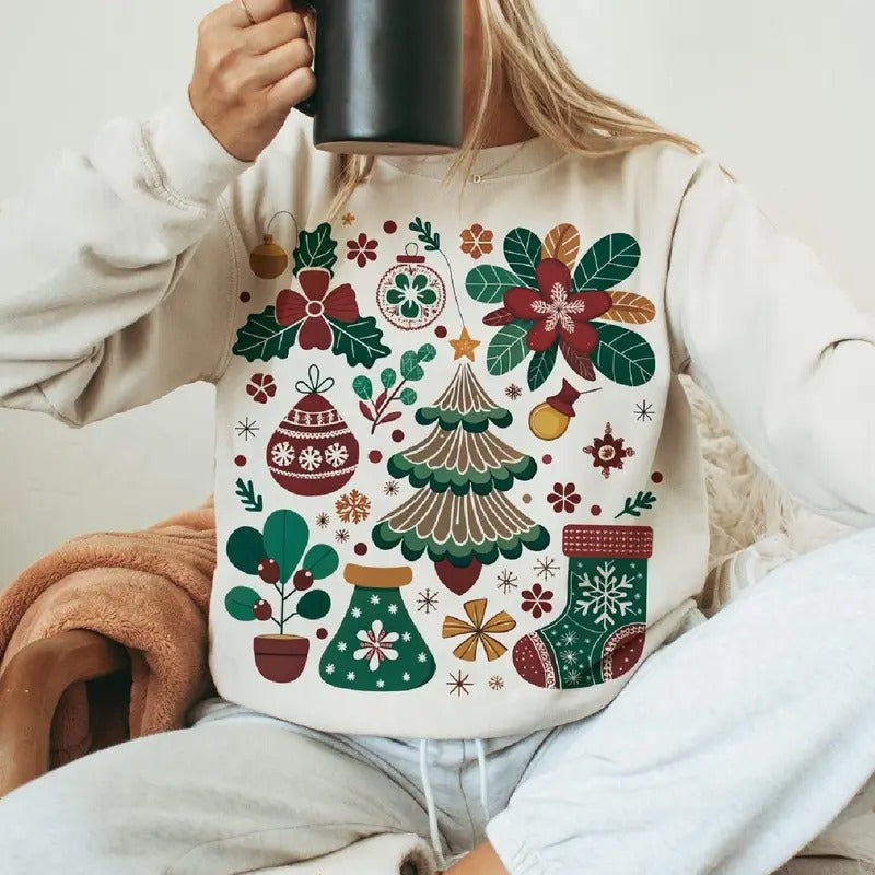 Vintage Christmas Boho Shirt, Merry And Bright Christmas Hand Drawn Tshirt Hoodie, Sweatshirt | HypeDripTees.com