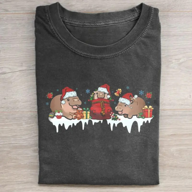Vintage Christmas Funny Moo Deng Graphic Tee - Santa Claus - Christian Christmas - Cute Xmas Shirt