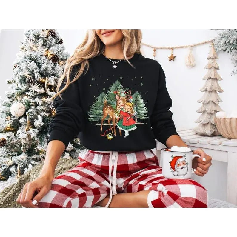 Vintage Christmas Girl and Reindeer Sweatshirt, Hoodie, T