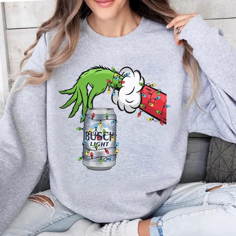 Vintage Christmas Shirt Grnnch Hand Holding Busch Light Funny Christmas Drinking Tshirt Hoodie, Sweatshirt | HypeDripTees.com