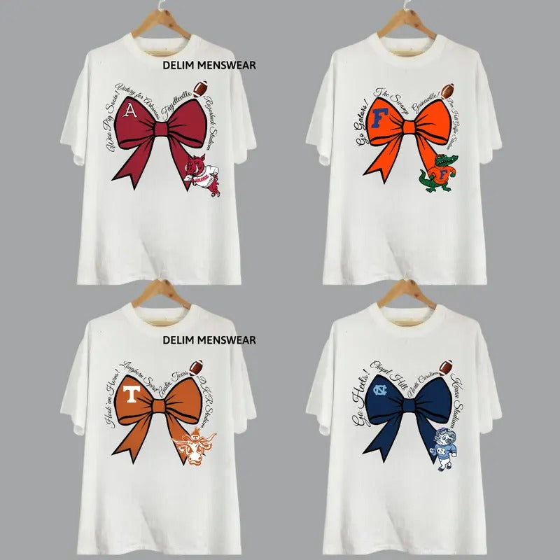 Vintage College Football Bows Inspired White Crewneck Shirt, Vintage All Team Football Coquette Shirt, Vintage NCAA...