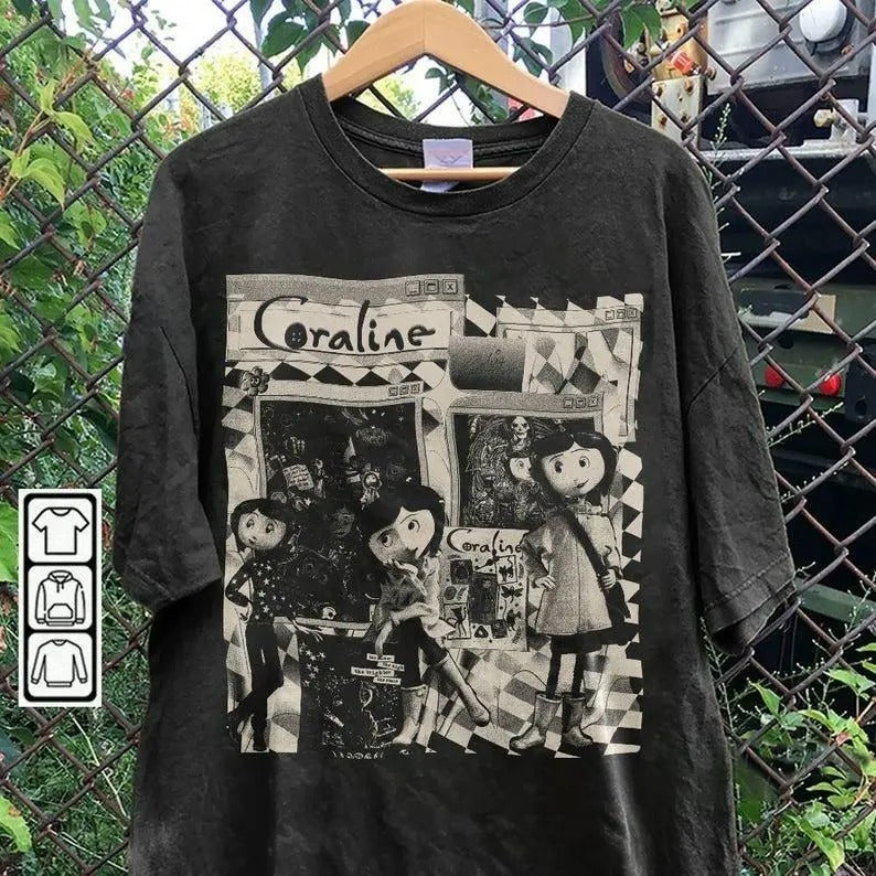 Vintage Coraline Movie 90s Shirt, Coraline Cartoon Character Spooky Doll Unisex Shirt Crewneck Cotton Menswear Top...