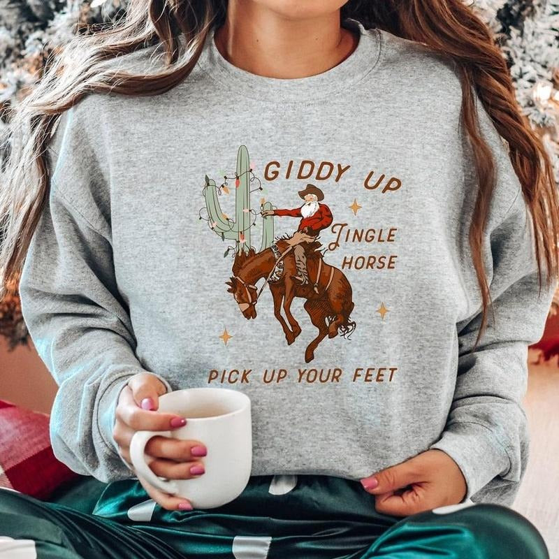 Vintage Cowboy Christmas Sweatshirt, Giddy Up Jingle Horse Pick Up Your Feet Sweater, Howdy Country Christmas Crewneck,...