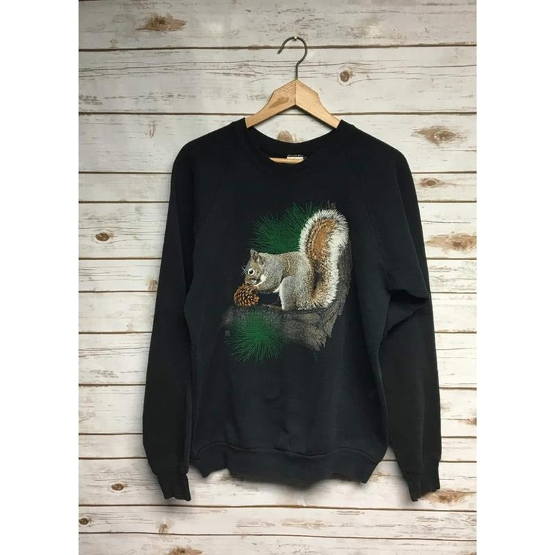 Vintage Distressed Squirrel crewneck sweatshirt ANimal print black crew neck sweatshirt hipster hippie boho festival...